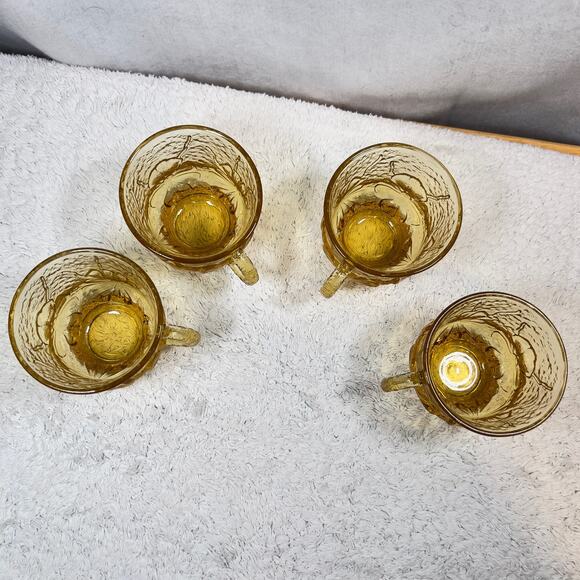 Anchor Hocking Vintage 70s Glass Mugs Set Of 4 Amber Daisies Rain Flowers 6 Oz. - Picture 4 of 14